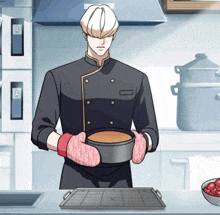 a man in a chef 's uniform is holding a pan with a cake in it