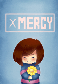 a drawing of a girl holding a flower with the words mercy behind her