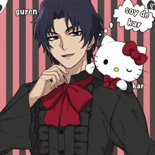 a man with a hello kitty on his shoulder with a speech bubble saying soy de kar