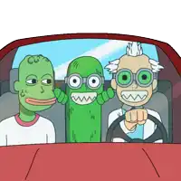 three cartoon characters are sitting in a car including a pickle and a doctor