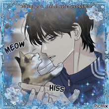 a picture of a man holding a cat with meow hiss written on it