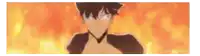 a man with glowing eyes is standing in front of a wall of fire .