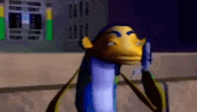 a cartoon character is standing in front of a building talking on a cell phone .