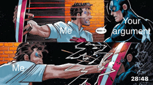 a comic book scene with captain america and a man holding a shield with the caption " your argument "