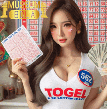 a woman wearing a white shirt that says ' togel ' on the front