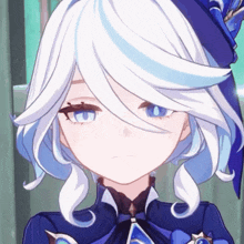a girl with white hair and blue eyes is wearing a blue and white outfit