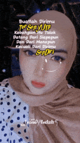 a woman wearing a polka dot shirt and a hijab has a quote on her face that says " buatlah dirimu tersenyum "