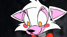 a cartoon drawing of a white and pink fox with a red bow tie