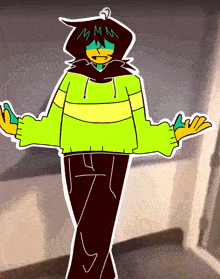 a cartoon drawing of a person wearing a green and yellow sweater
