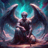 a painting of a man with wings sitting down