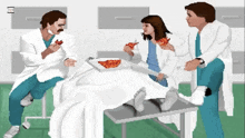 a group of doctors and nurses are eating pizza in a hospital room