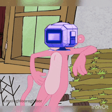a pink panther with a computer head is standing in front of a fence