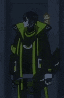 a cartoon character wearing a black and green jacket and pants is standing in a dark room .