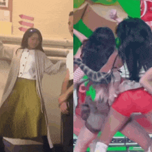 a woman in a green skirt and a woman in red shorts are standing next to each other