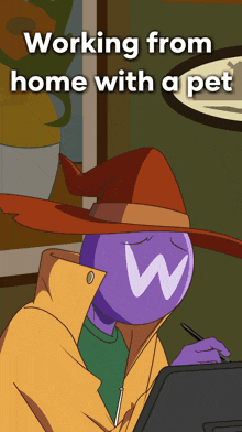 a cartoon character with a w on his head is working from home