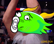 a cartoon drawing of a person with a green face and the words long fun below it