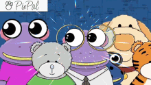 a group of cartoon characters are standing next to each other with pixpal written in the upper left corner