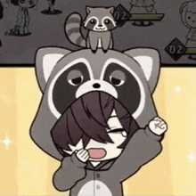 a person is wearing a raccoon costume and a raccoon is sitting on top of their head .