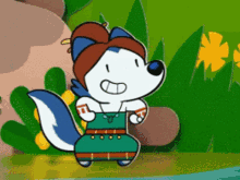 a cartoon drawing of a squirrel wearing a green dress