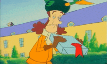 a cartoon of a man holding a gift box with a red ribbon