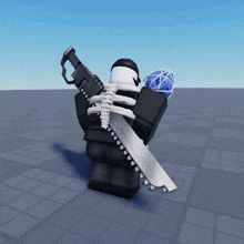 a skeleton is holding a large sword and a ball