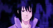 a close up of a person 's face with a purple background and a purple jacket on .
