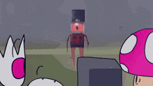 a cartoon of a mushroom and a man with a top hat says ' heh heh '