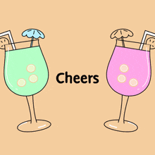 a cartoon drawing of two drinks with the word cheers written on the bottom