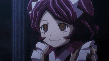 a close up of a anime character with purple hair and brown eyes