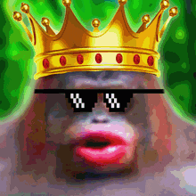 a monkey wearing a crown and sunglasses has a pixelated mouth