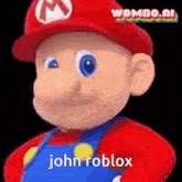 a close up of a cartoon character wearing a red hat and overalls with the words `` john roblox '' written on it .