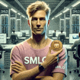 a man wearing a pink shirt that says smlo holds a coin in his hand