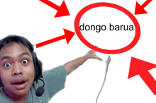 a man wearing headphones points to a red circle with the word dongo barua in it