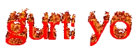 the word guruyo is written in red with flames coming out of the letters