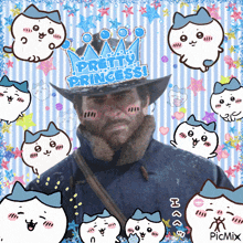a picture of a man wearing a hat that says pretty princess on it
