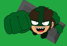 a cartoon character is wearing a green mask with the number one on it
