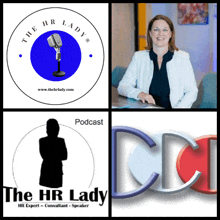 a woman sits at a desk in a collage of four logos including one for the hr lady podcast