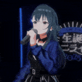 a girl singing into a microphone with the letter a on her chest