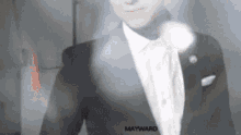 a man in a tuxedo with mayward written on the bottom right