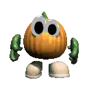 a cartoon pumpkin with big eyes and green arms and legs is standing on a white background .