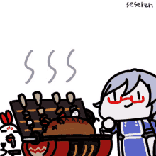 a cartoon drawing of a man standing next to a grill with smoke coming out of it