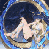 a girl with blue hair is sitting in a circle with the number 0/1200 on the bottom right