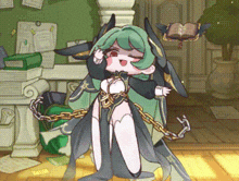a cartoon character with green hair is chained to a pillar and holding a book .