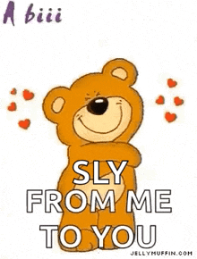 a teddy bear is holding out its arms and saying `` a big hug from me to you ! ''