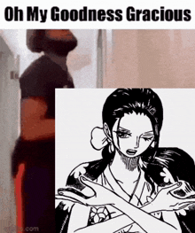 a man with a beard is standing next to a black and white drawing of a woman with crossed arms