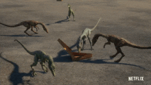 a group of dinosaurs are walking on the ground in a netflix trailer .