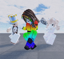 a girl in a rainbow colored outfit is holding a piece of paper that says ' i love you ' on it