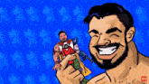a cartoon of a shirtless man holding a toy with the letters th on it
