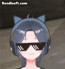 a girl wearing a cat ear headband and sunglasses with the website bandisoft.com in the background