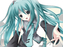 a girl with long blue hair is wearing headphones and a tie